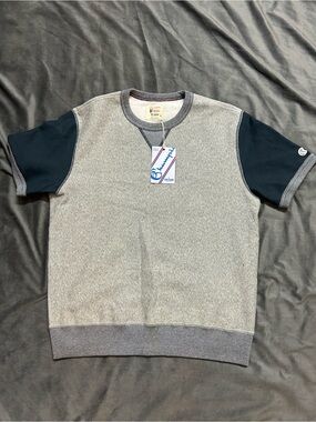 Todd Snyder x Champion Gray Crewneck Sweatshirt with Navy Short Sleeves